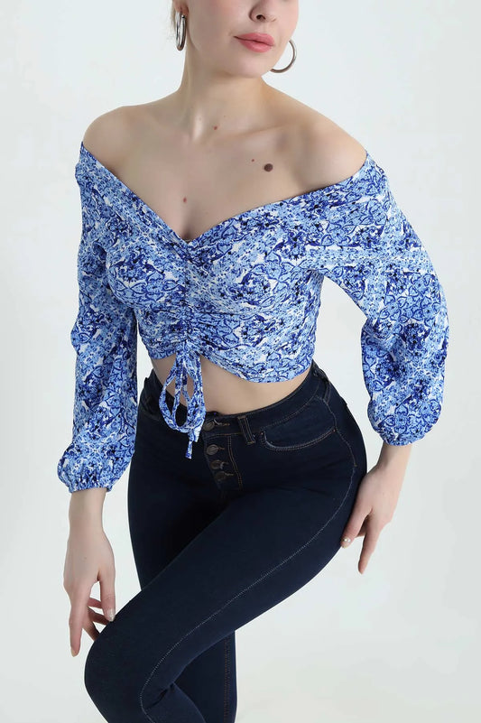 Indigo Crinkle Patterned Women's Blouse - Denoss