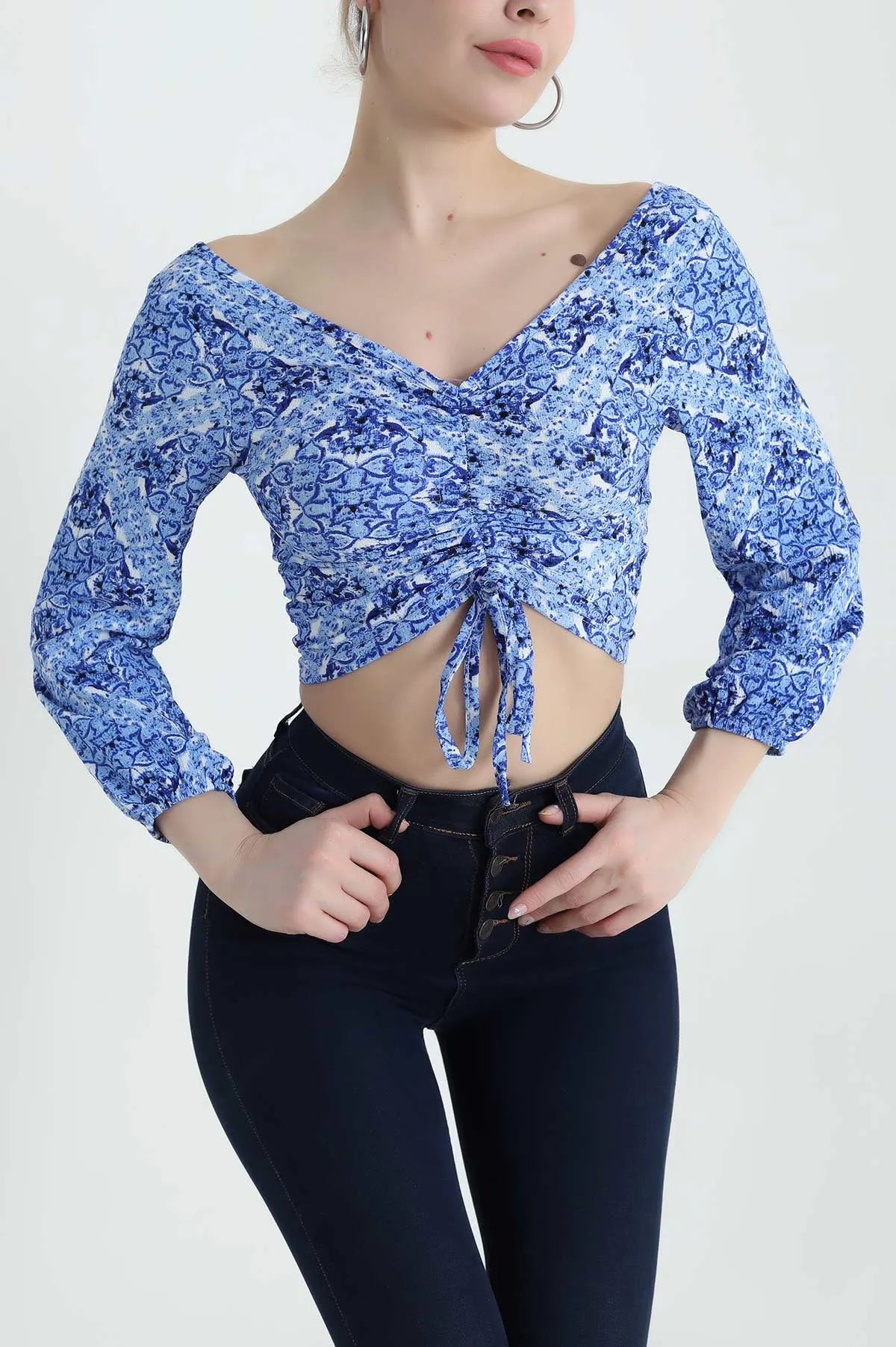 Indigo Crinkle Patterned Women's Blouse - Denoss