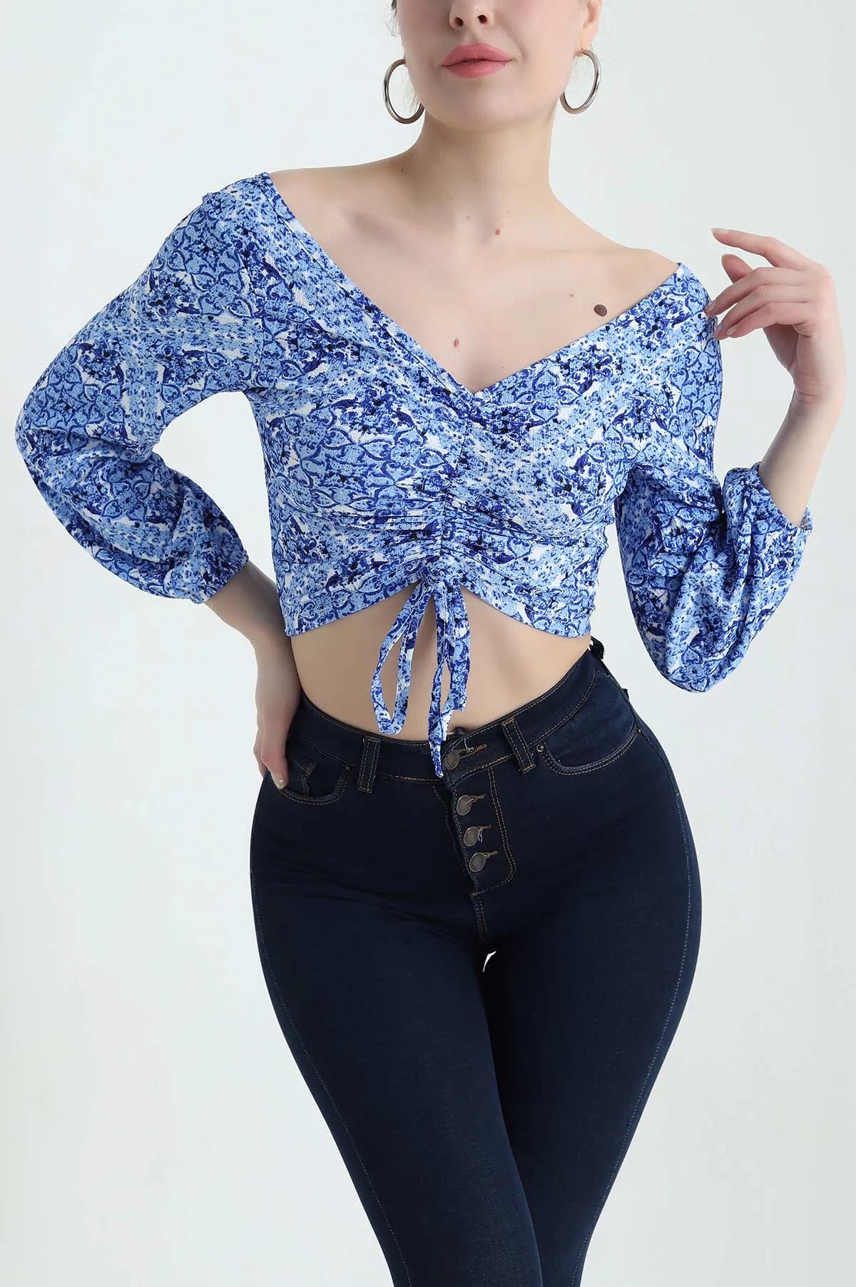 Indigo Crinkle Patterned Women's Blouse - Denoss