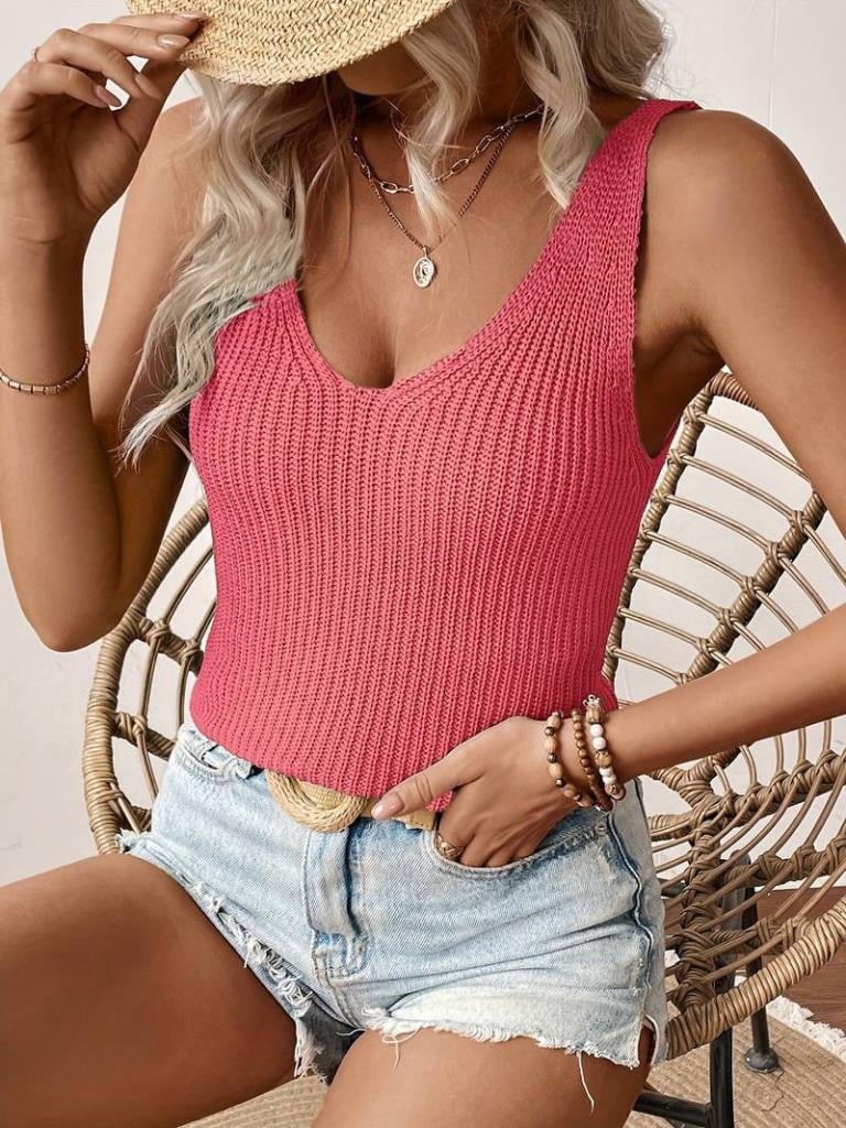 Women's Sleeveless V-Neck Thick Strap Pink Knit Blouse - Denoss