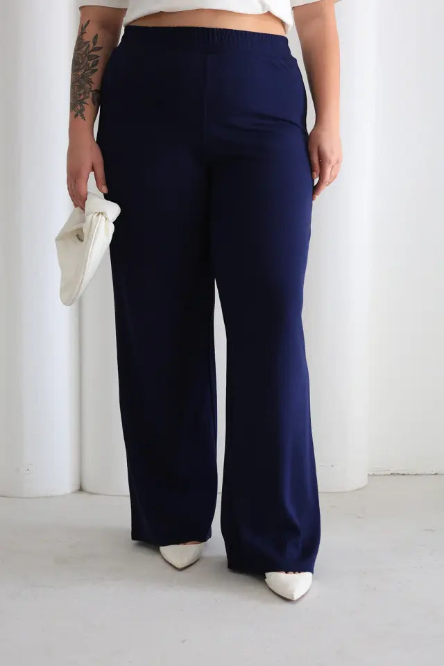 Women's Comfortable Fit Elastic Waist Wide Leg Navy Navy Blue Pants - Denoss