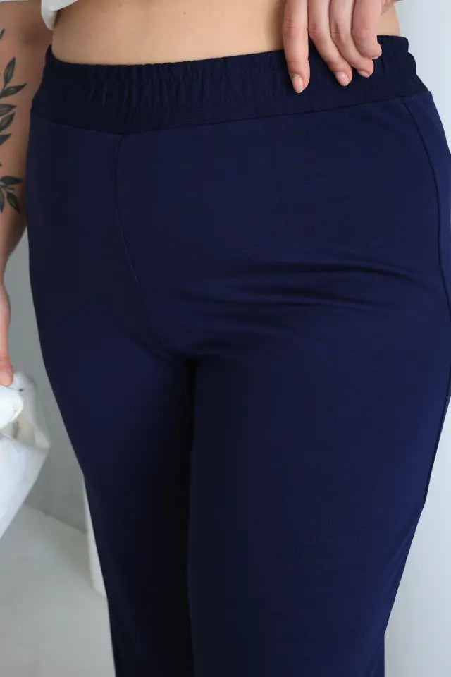 Women's Comfortable Fit Elastic Waist Wide Leg Navy Navy Blue Pants - Denoss