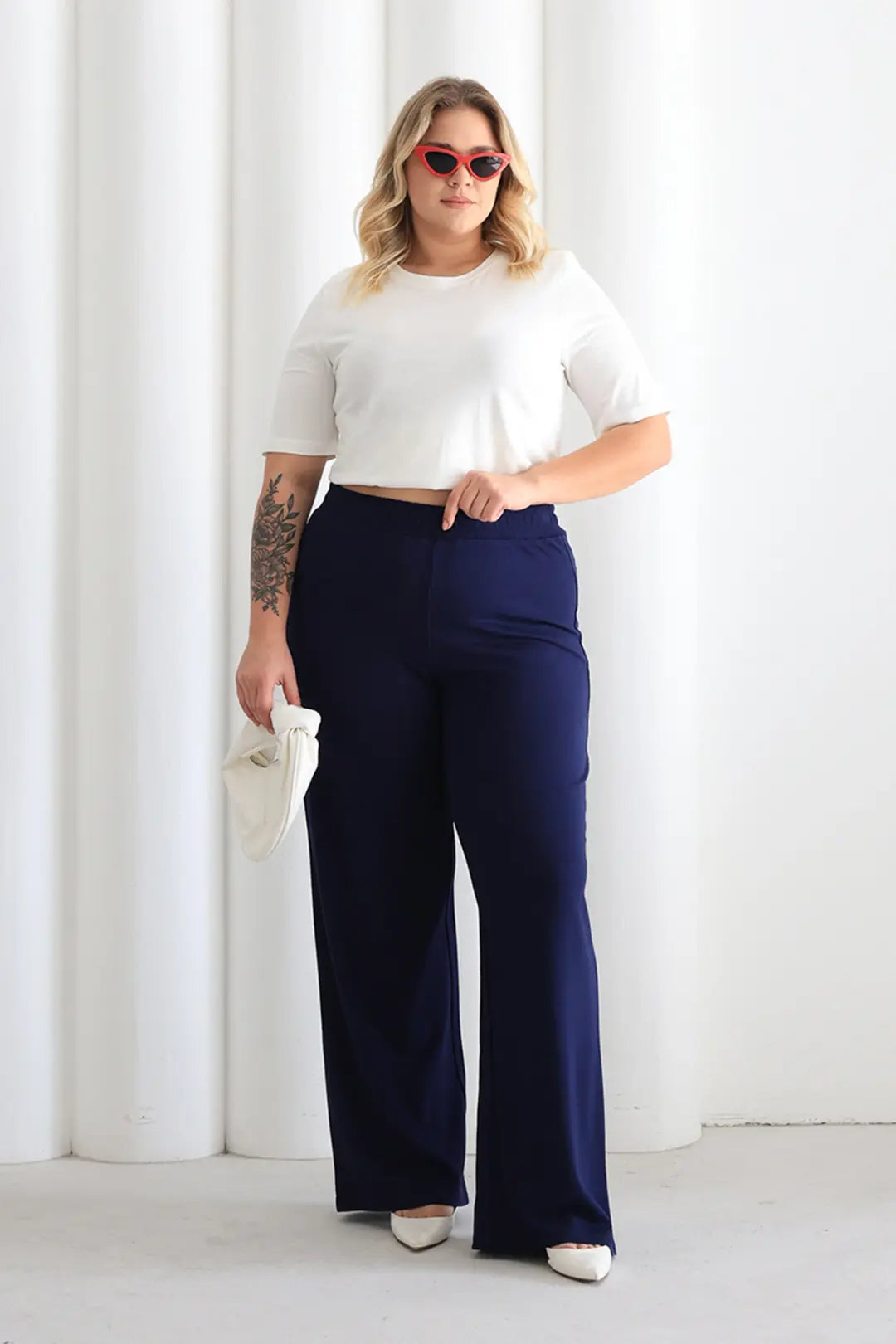 Women's Comfortable Fit Elastic Waist Wide Leg Navy Navy Blue Pants - Denoss