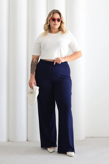 Women's Comfortable Fit Elastic Waist Wide Leg Navy Navy Blue Pants - Denoss