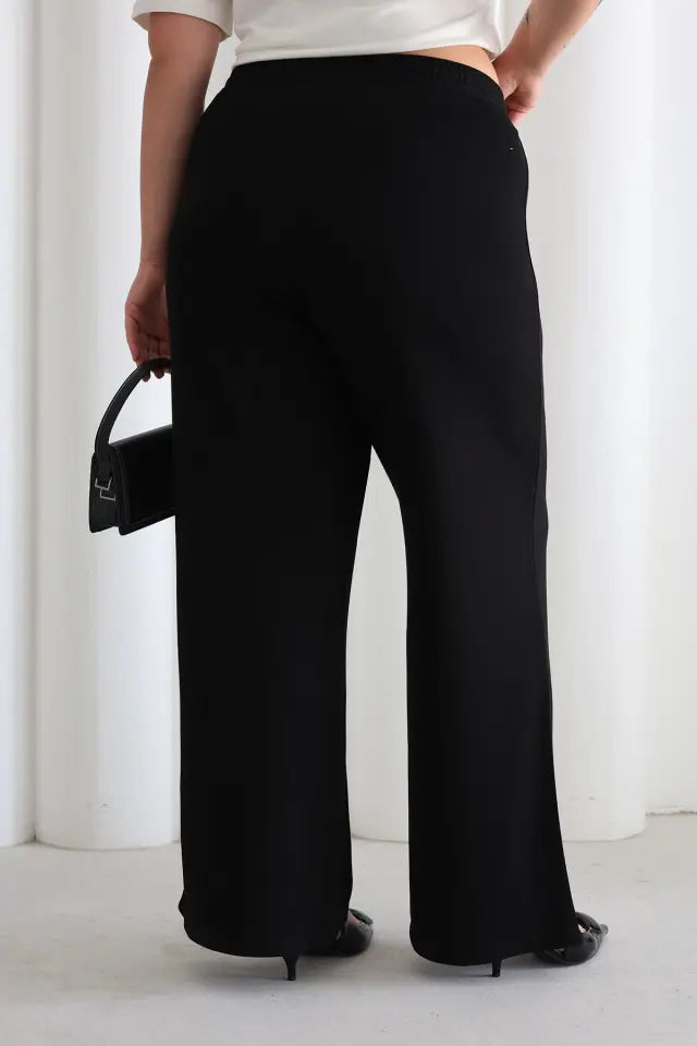 Women's Comfortable Fit Elastic Waist Wide Leg Black Pants - Denoss
