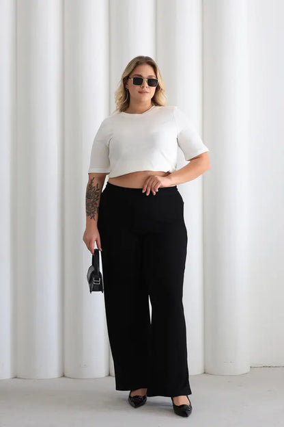 Women's Comfortable Fit Elastic Waist Wide Leg Black Pants - Denoss