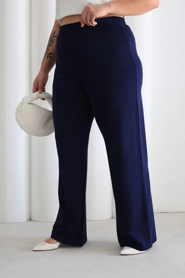 Women's Comfortable Fit Elastic Waist Wide Leg Navy Navy Blue Pants - Denoss