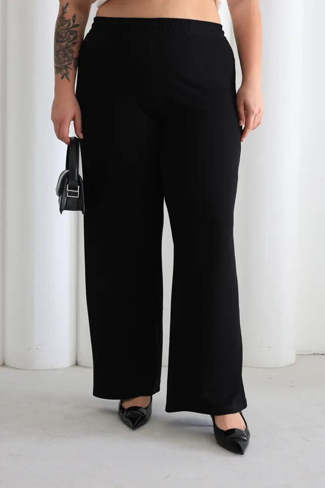Women's Comfortable Fit Elastic Waist Wide Leg Black Pants - Denoss