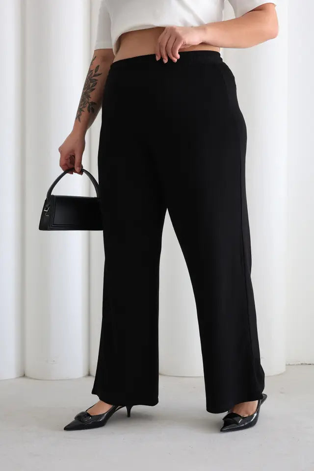 Women's Comfortable Fit Elastic Waist Wide Leg Black Pants - Denoss