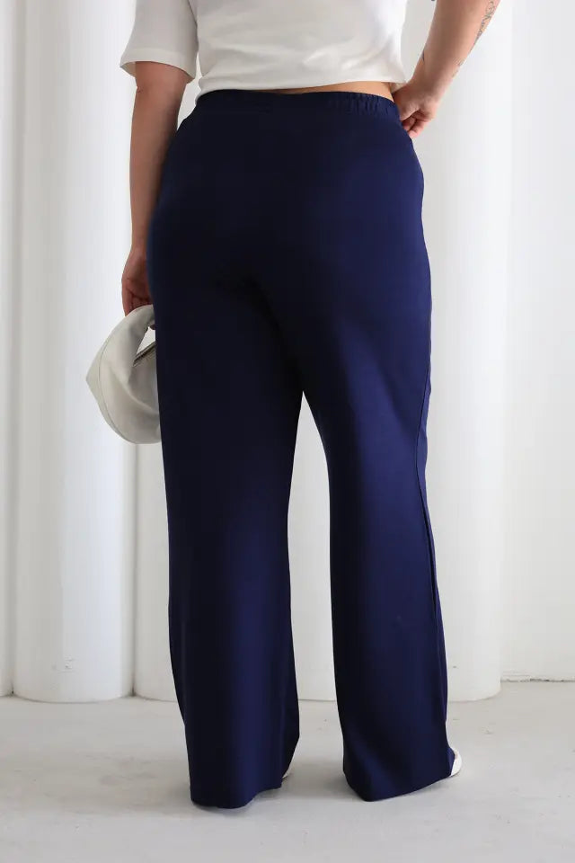 Women's Comfortable Fit Elastic Waist Wide Leg Navy Navy Blue Pants - Denoss