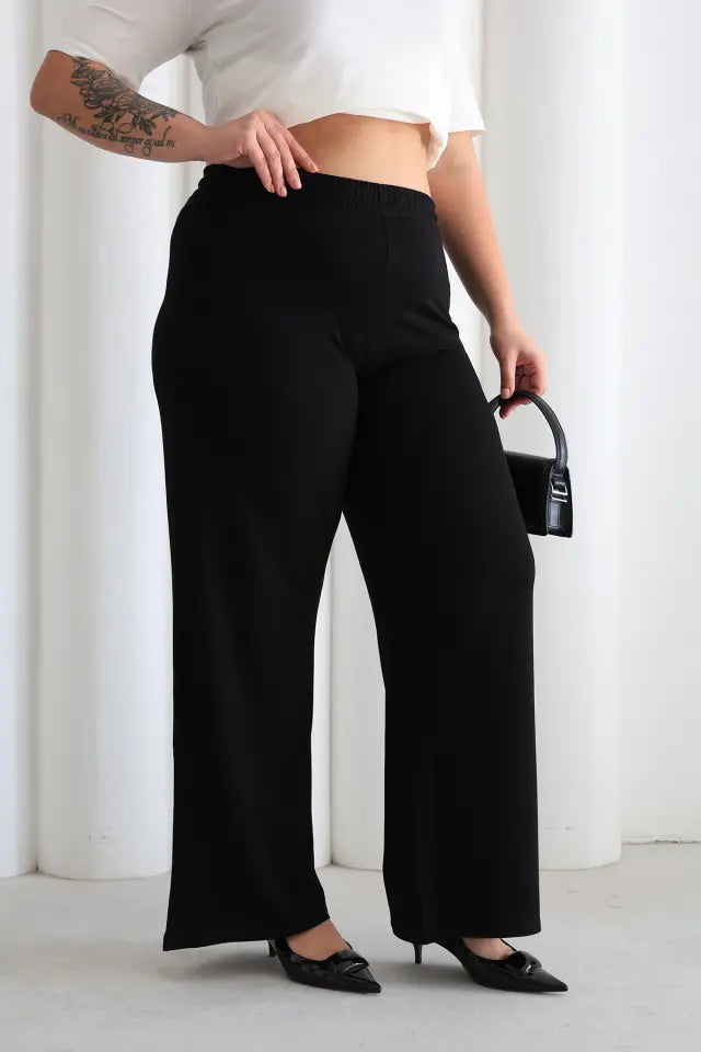 Women's Comfortable Fit Elastic Waist Wide Leg Black Pants - Denoss