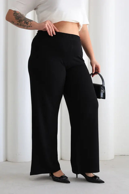 Women's Comfortable Fit Elastic Waist Wide Leg Black Pants - Denoss