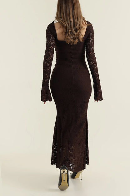 Brown Lined Spanish Sleeve Lace Women's Dress - Denoss