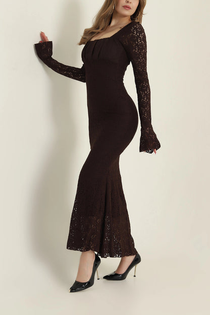 Brown Lined Spanish Sleeve Lace Women's Dress - Denoss