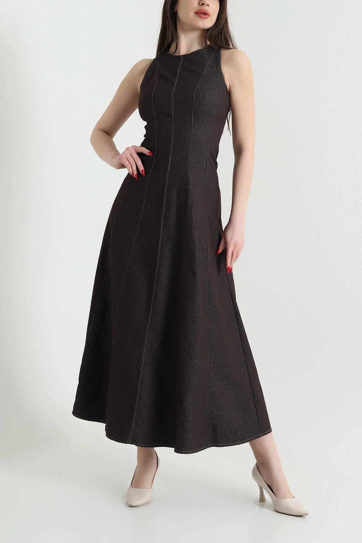 Brown Denim Sleeveless Women's Dress