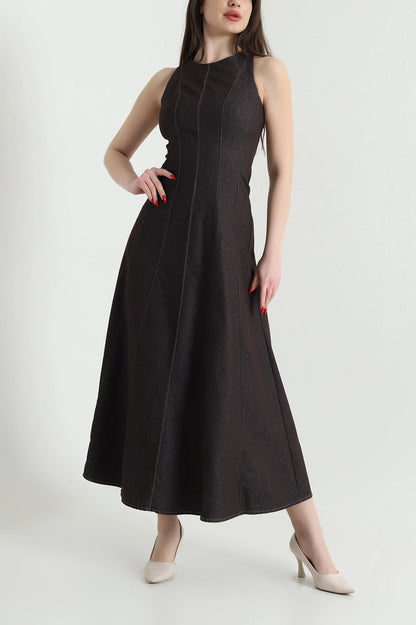 Brown Denim Sleeveless Women's Dress