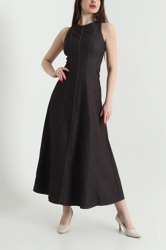 Brown Denim Sleeveless Women's Dress