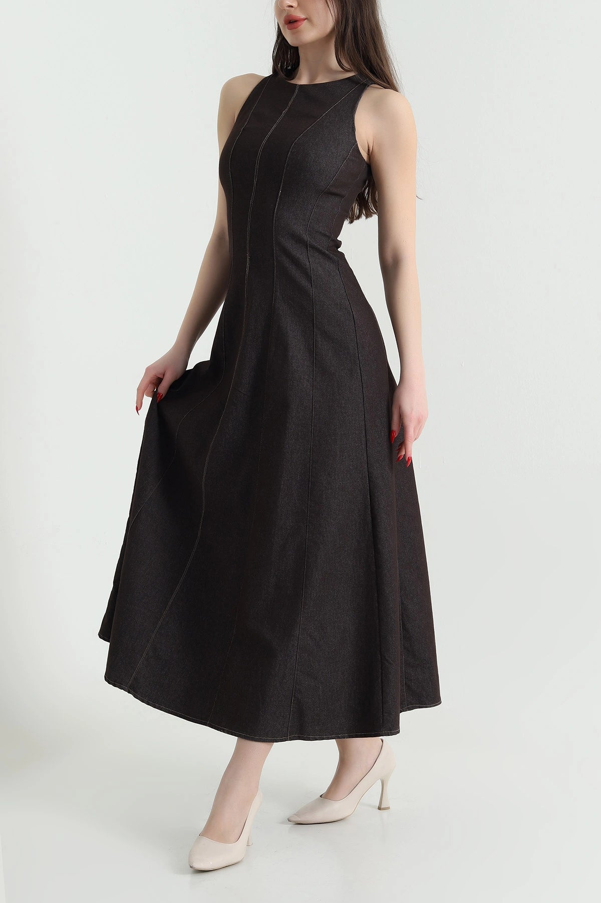Brown Denim Sleeveless Women's Dress