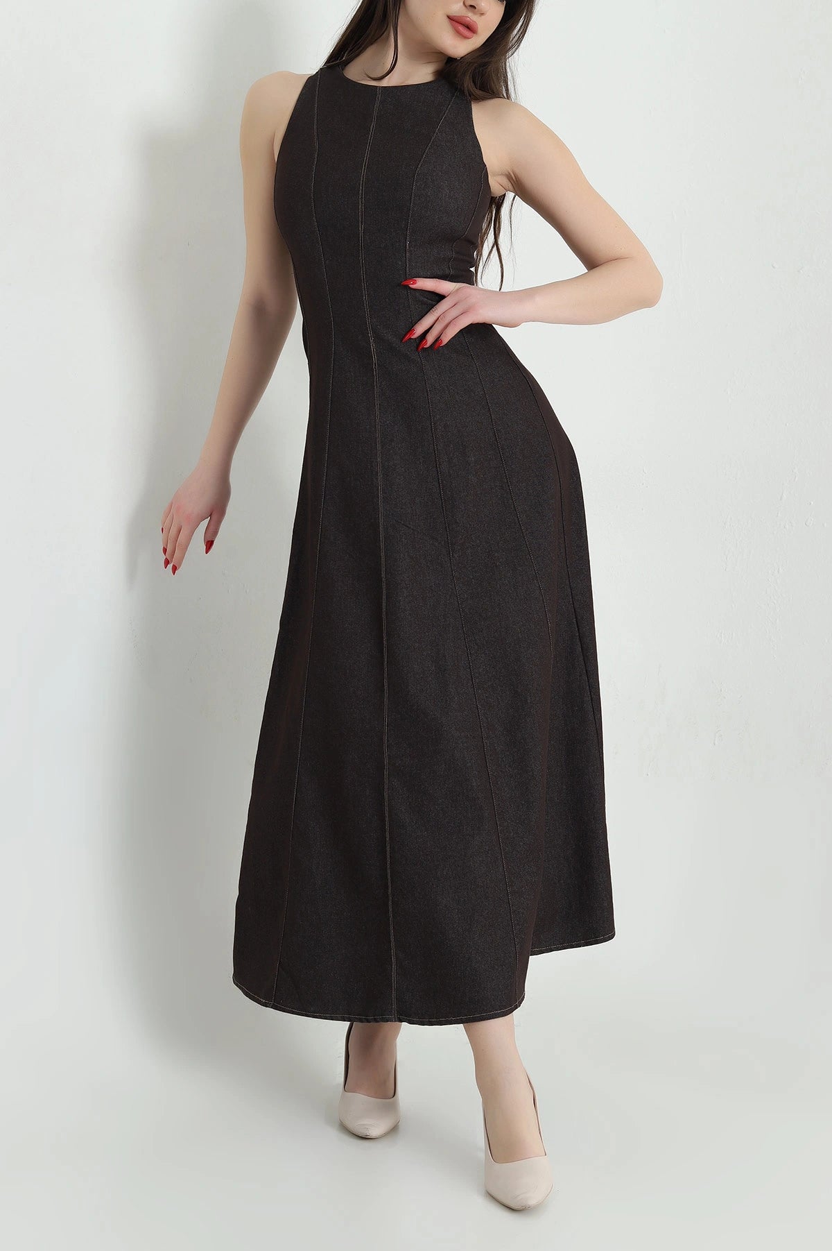 Brown Denim Sleeveless Women's Dress