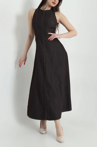 Brown Denim Sleeveless Women's Dress