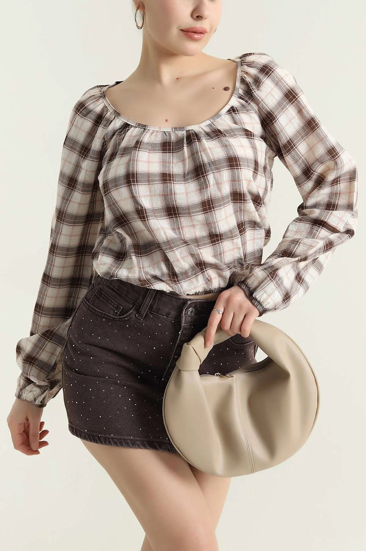 Coffee Plaid Blouse for Women - Denoss
