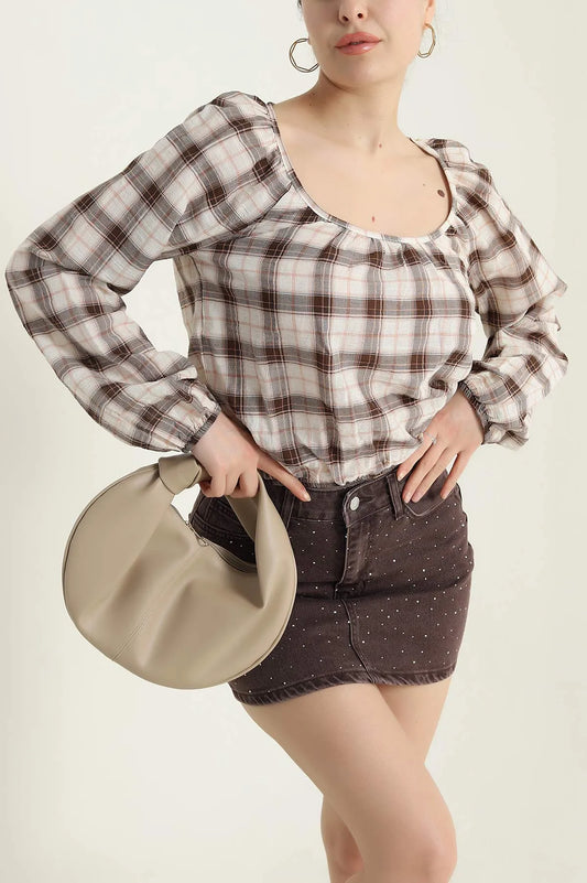 Coffee Plaid Blouse for Women - Denoss