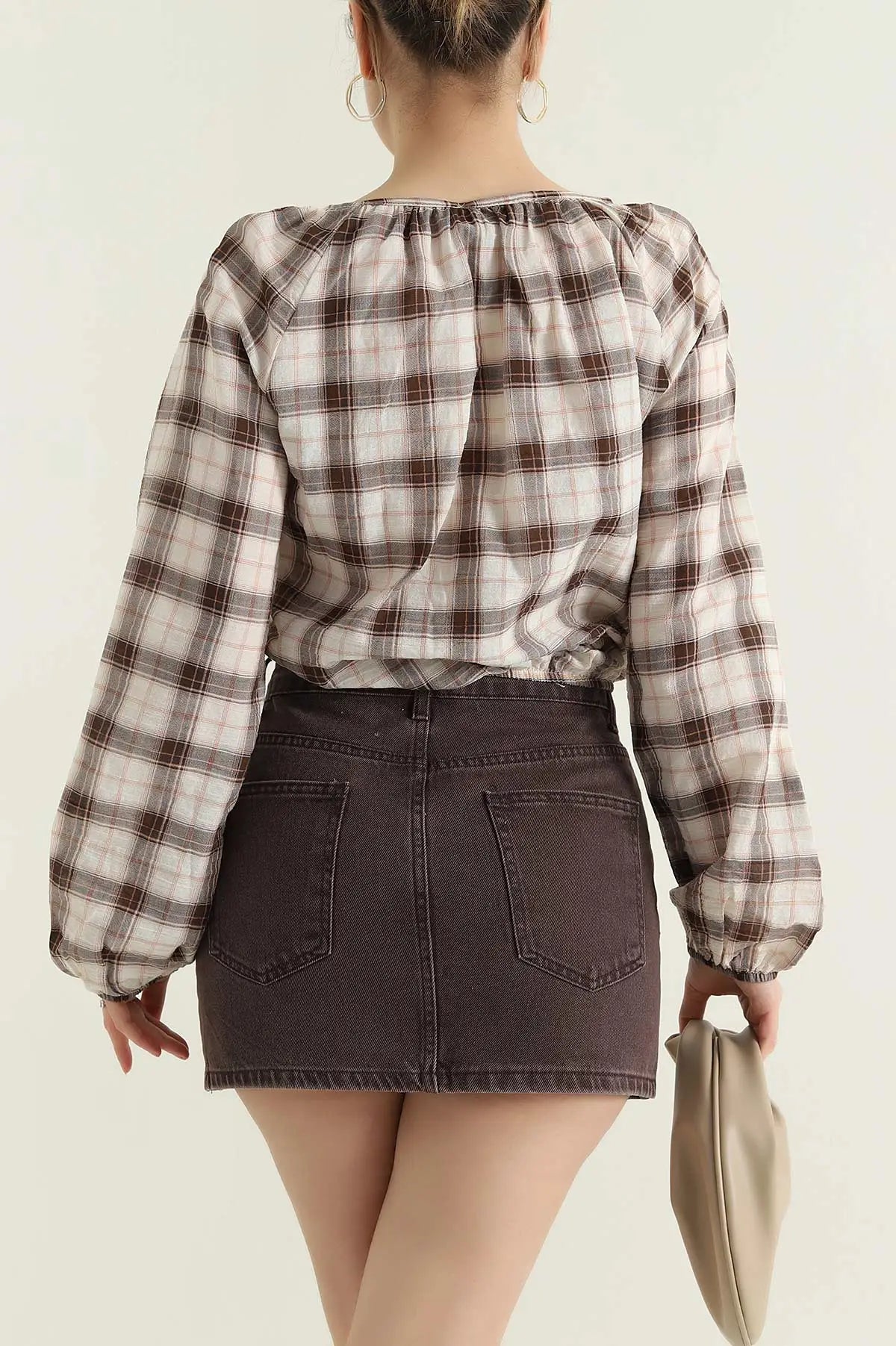 Coffee Plaid Blouse for Women - Denoss