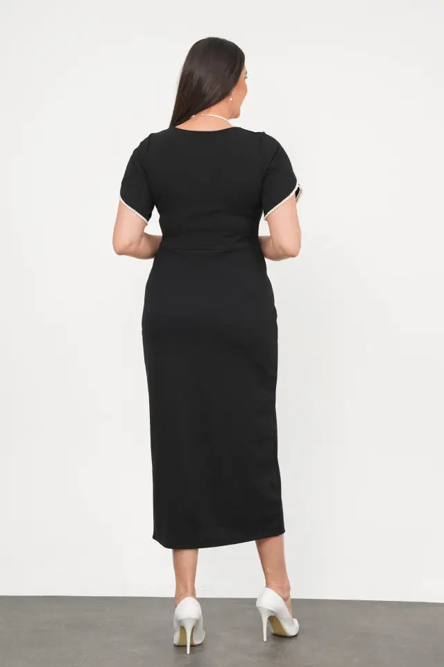 Square Neck Pearl Detail Plus Size Evening Dress - Denoss