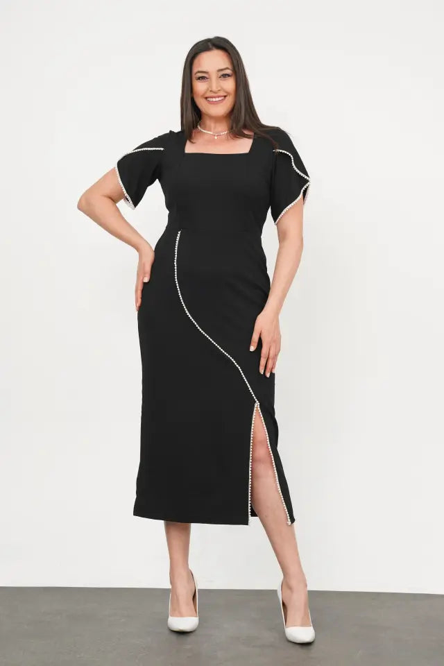 Square Neck Pearl Detail Plus Size Evening Dress - Denoss