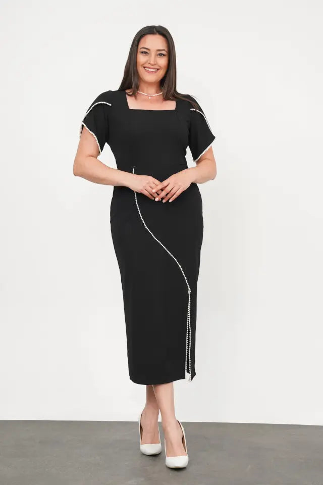 Square Neck Pearl Detail Plus Size Evening Dress - Denoss