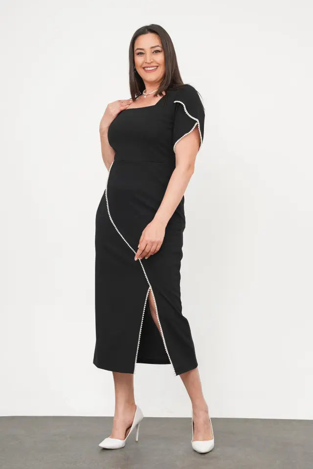Square Neck Pearl Detail Plus Size Evening Dress - Denoss