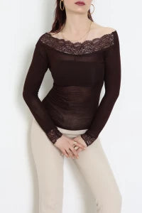Cashmere Transparent Off-Shoulder Lace Coffee Blouse - Denoss