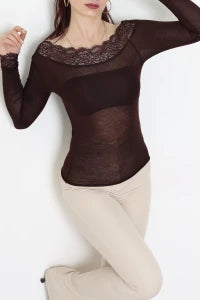 Cashmere Transparent Off-Shoulder Lace Coffee Blouse - Denoss