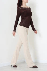 Cashmere Transparent Off-Shoulder Lace Coffee Blouse - Denoss