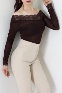 Cashmere Transparent Off-Shoulder Lace Coffee Blouse - Denoss
