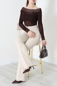 Cashmere Transparent Off-Shoulder Lace Coffee Blouse - Denoss