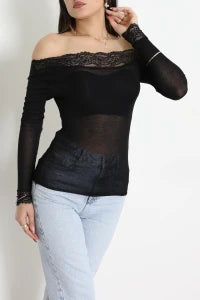 Cashmere Transparent Off-Shoulder Lace Black Blouse - Denoss