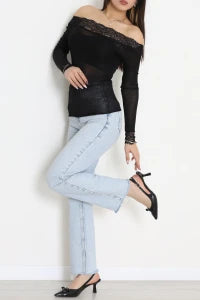 Cashmere Transparent Off-Shoulder Lace Black Blouse - Denoss