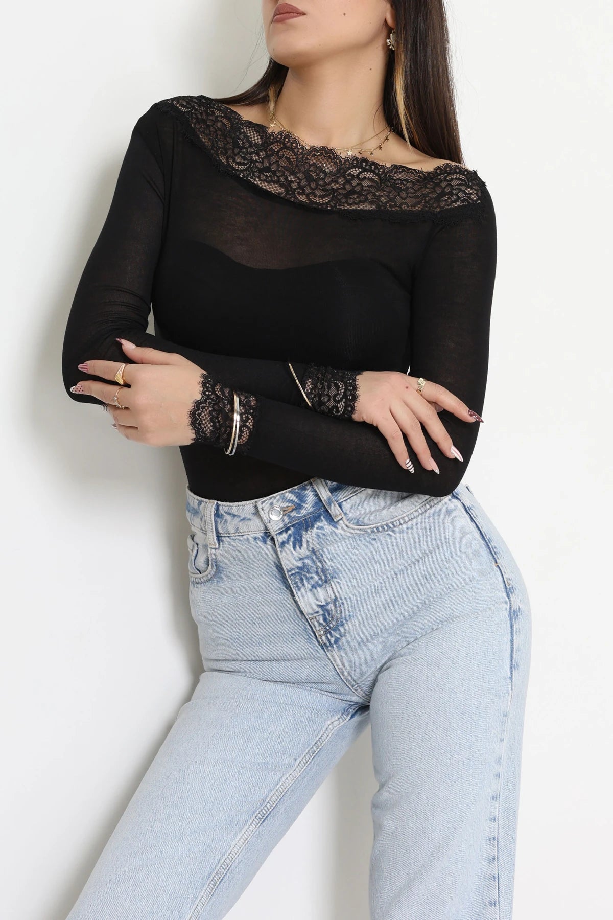 Cashmere Transparent Off-Shoulder Lace Black Blouse - Denoss