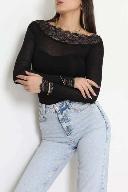 Cashmere Transparent Off-Shoulder Lace Black Blouse - Denoss