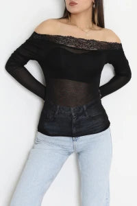 Cashmere Transparent Off-Shoulder Lace Black Blouse - Denoss