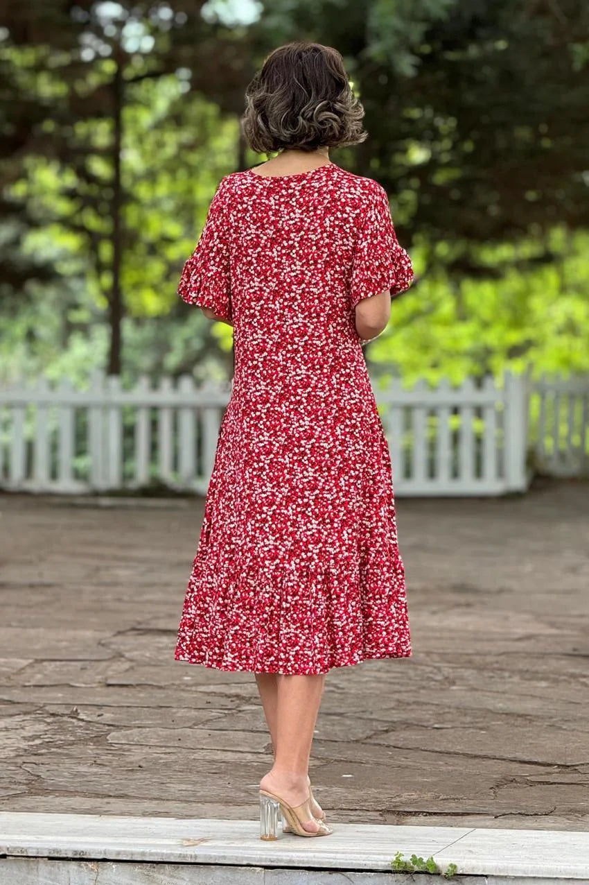 Red Daisy Patterned Summer Cotton Jersey Dress with Ruffled Skirt - Denoss