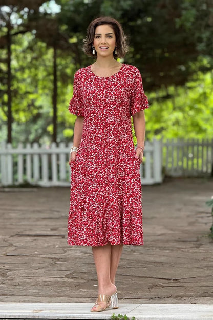 Red Daisy Patterned Summer Cotton Jersey Dress with Ruffled Skirt - Denoss