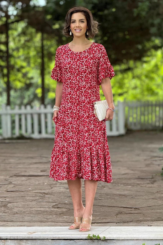 Red Daisy Patterned Summer Cotton Jersey Dress with Ruffled Skirt - Denoss