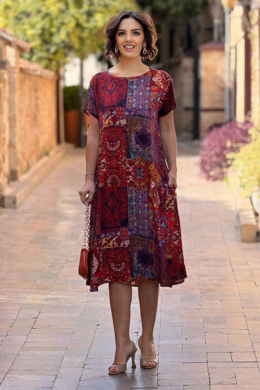 Red Patch Round Neck Plus Size Dress - Denoss