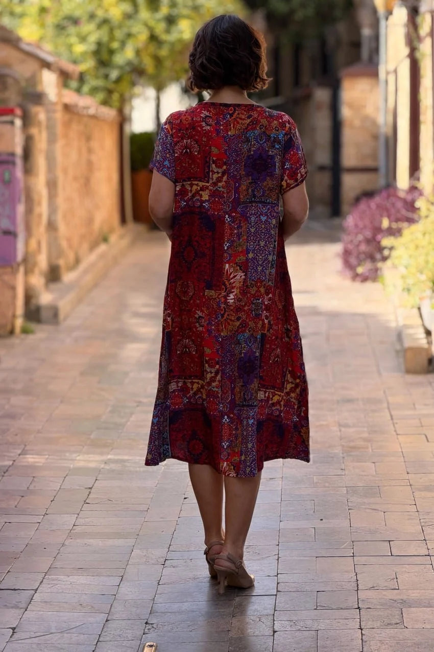 Red Patch Round Neck Plus Size Dress - Denoss