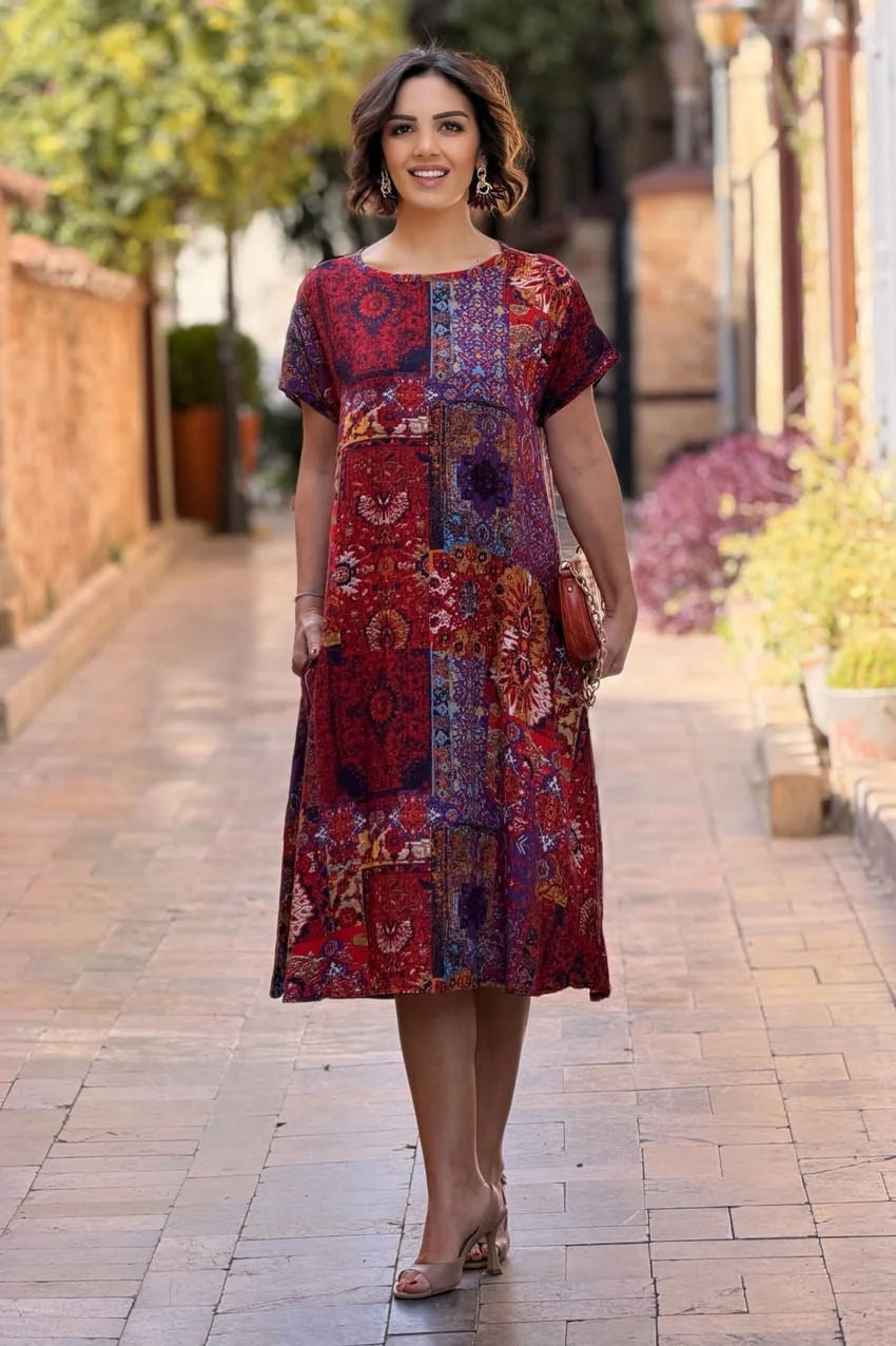 Red Patch Round Neck Plus Size Dress - Denoss