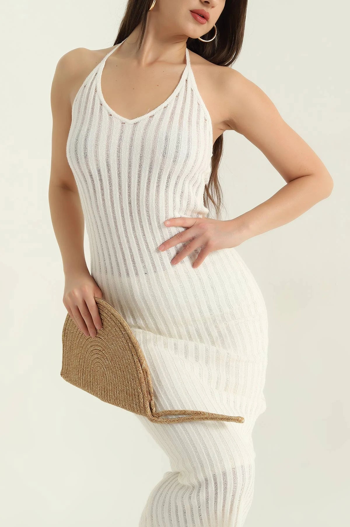 Cream Neck Tie Openwork Knit Women's Dress