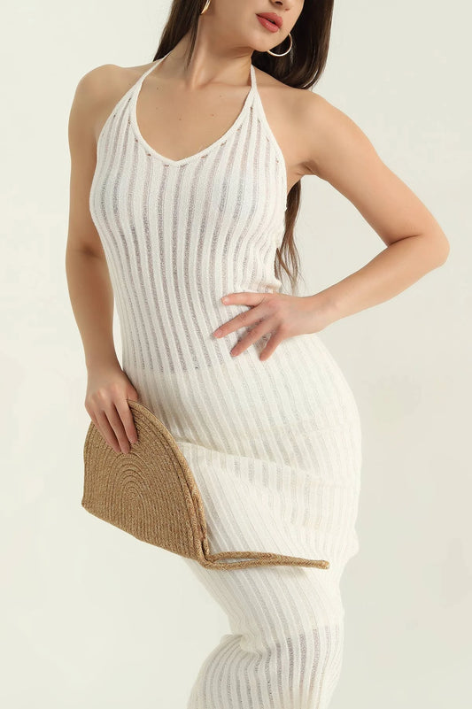 Cream Neck Tie Openwork Knit Women's Dress