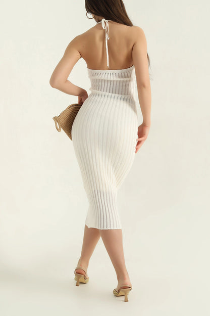 Cream Neck Tie Openwork Knit Women's Dress